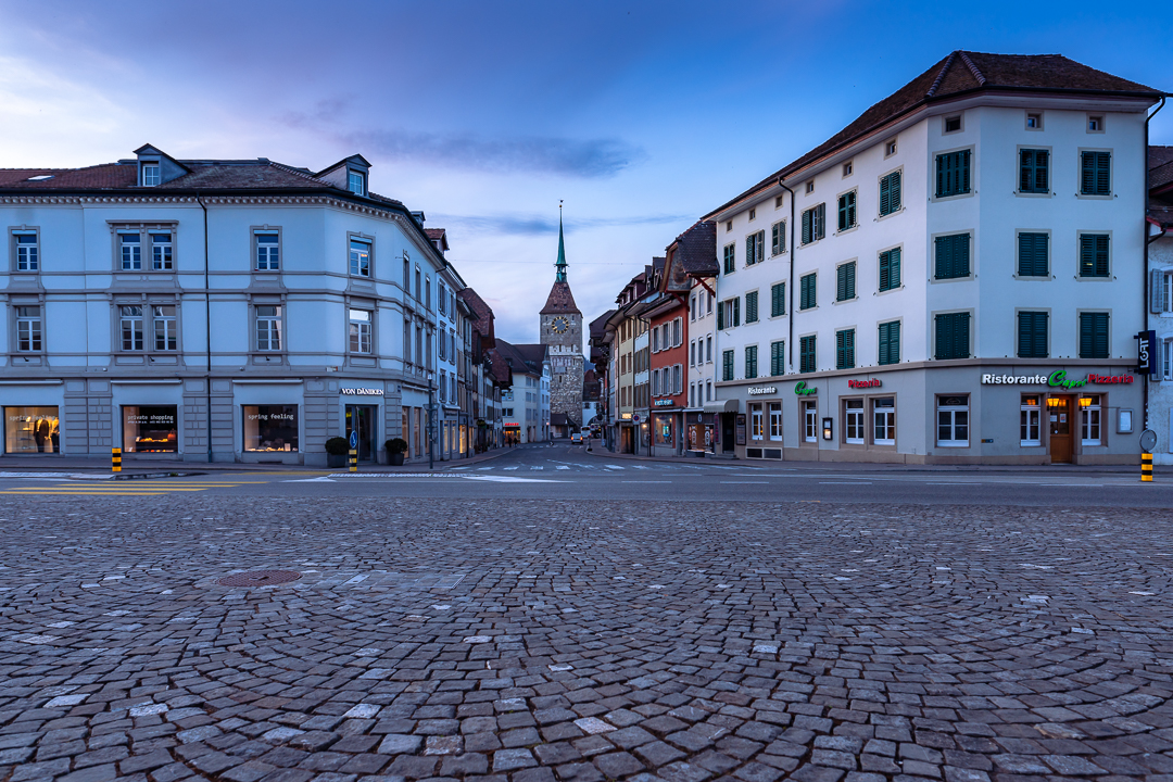 Early Evening in Aarau Downtown - Picture taken on early evening in Aarau city downtown, when the evening approached, it was getting dark, and the lights were just switched on. The city prepared for the evening and the night. 