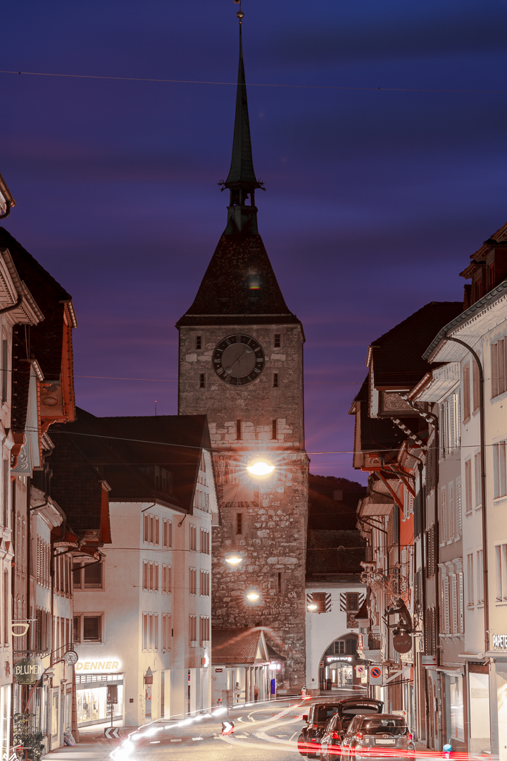 Aarau Tower "Oberturm" - Night shot along the street in Aarau downtown in the direction of the tower "Oberturm". Long time exposure. 